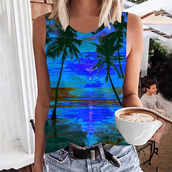 Sakmal Blue Tank Tops for Women Plus Size Crew Neck Sleeveless Graphic Trendy Breathable Lightweight Tank Tops Casual
