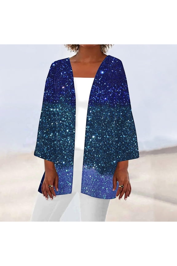 Blue Winter Jacket for Women Elbow-Length Cover-Up Flowy Glitter Loose Fit Cardigan Ladies Jackets