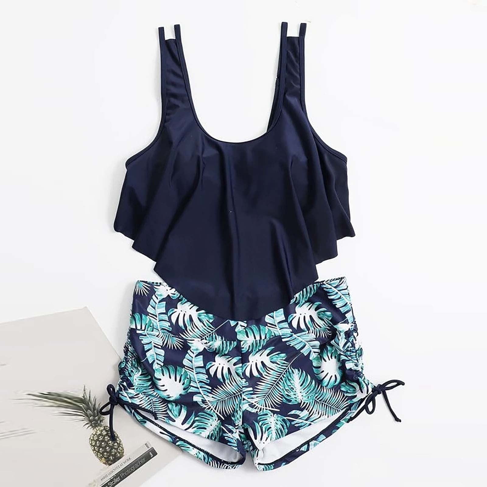 Sakmal Blue Women Bathing Suits Two Piece Sets Ruffle Tankinis Bathing ...