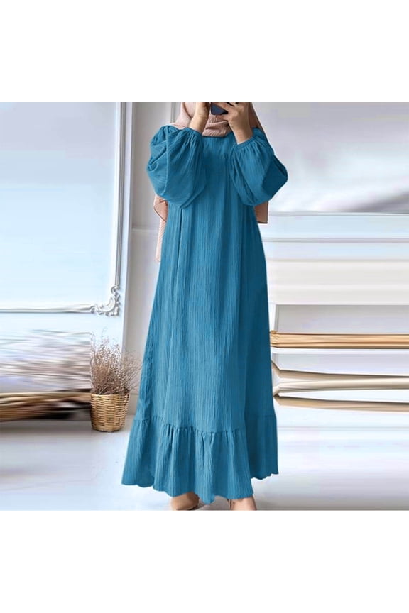 Blue Women Dresses Modest Shift Church Maxi Dress Puff Long Sleeve Dresses for Women