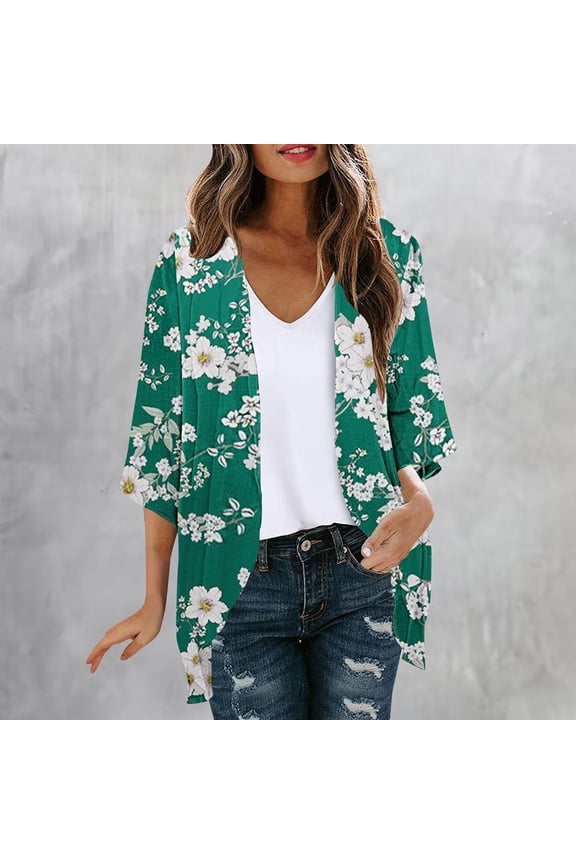 Blue Women'S 2024 Winter Fashion Clothes Cover-Up Lightweight Elbow-Length Chiffon Loose Fit Cardigan Floral Ladies Coat