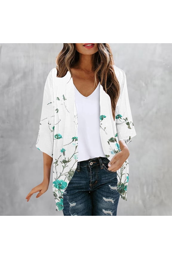 Blue Women'S Coats Under $10 Elbow-Length Lightweight Cover-Up Cardigan Chiffon Loose Fit Floral Ladies Jackets