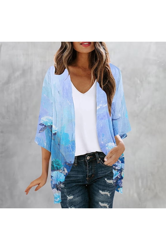 Blue Women'S Coats and Jackets On Sale Elbow-Length Lightweight Cover-Up Cardigan Floral Loose Fit Chiffon Womens Jacket