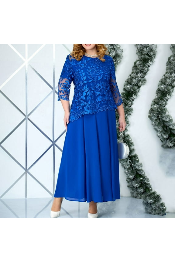 Blue Women's Dresses Plus Size Long Formal A Line Dress Long Sleeve Crew Neck Lace Dresses