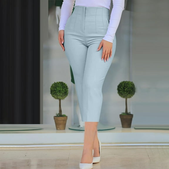 Sakmal Blue Women's Pants Dressy Casual Work Slim Leg Cropped High Waisted Solid Capris with Pockets