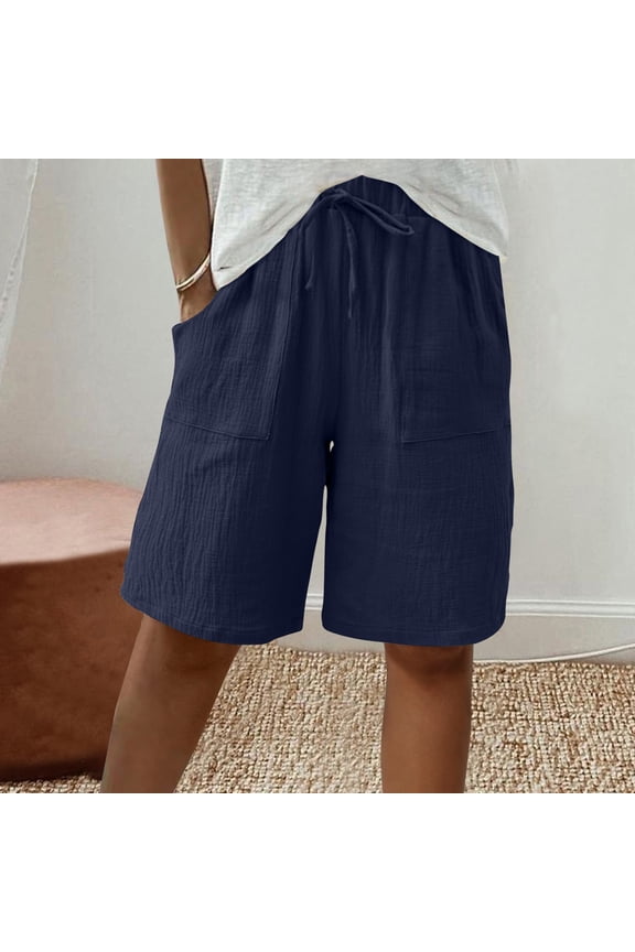 Blue Women's Shorts Elastic Bermuda Drawstring 9" Solid High Waisted Shorts with Pockets