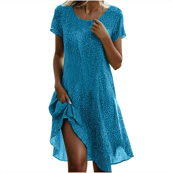 Sakmal Blue Womens Dresses Mid-Length V-Neck Short Sleeve Lightweight Flowy Polka Dot Shift Dress