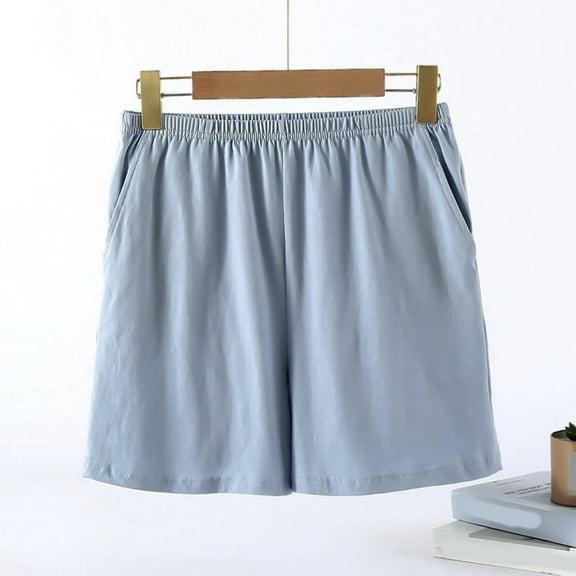 Sakmal Blue Womens Shorts Pajama Cotton Mid Rise 8" Comfy Shorts with Pockets