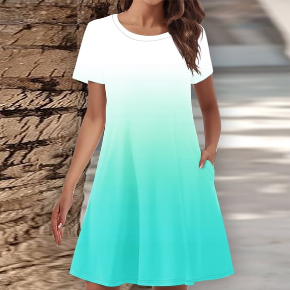 Sakmal Blue Womens Summer Dresses Crew Neck Mid-Length Gradient Short Sleeve Loose Fit with Pocket Basic Shift Dress