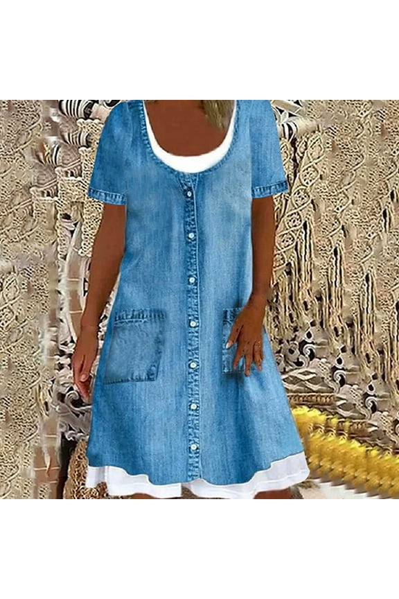 Blue Womens Summer Dresses Fake Two Piece Midi T Shirt Dress Short Sleeve Scoop Neck Denim Dresses