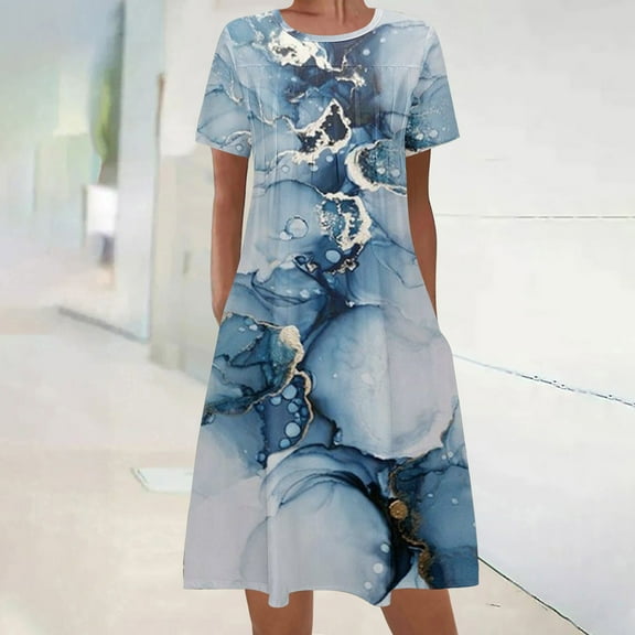 Sakmal Blue Womens Summer Dresses Mid-Length Crew Neck Short Sleeve Basic Graphic Shift Dress