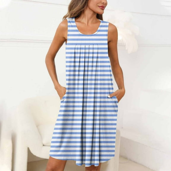 Sakmal Blue Womens Tank Nightgown Knee Length Comfy Pleated Night dress Striped Sleeveless Sleep Tanks with Pockets