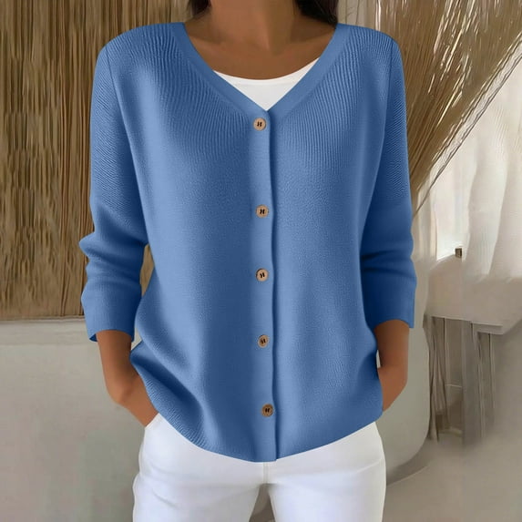Sakmal Blue Womens Tops Button Down Knit Trendy Sweaters Long Sleeve V Neck Solid Blouses for Women