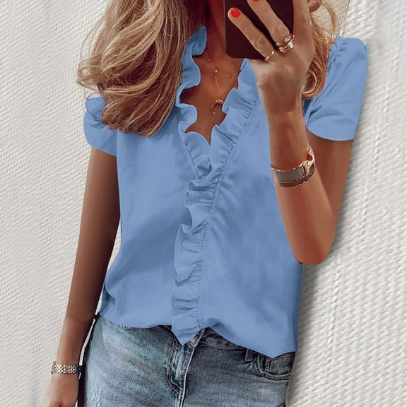 Sakmal Blue Womens Tops Under $10 V-Neck Short Sleeve Solid Ruffle Womens Shirts