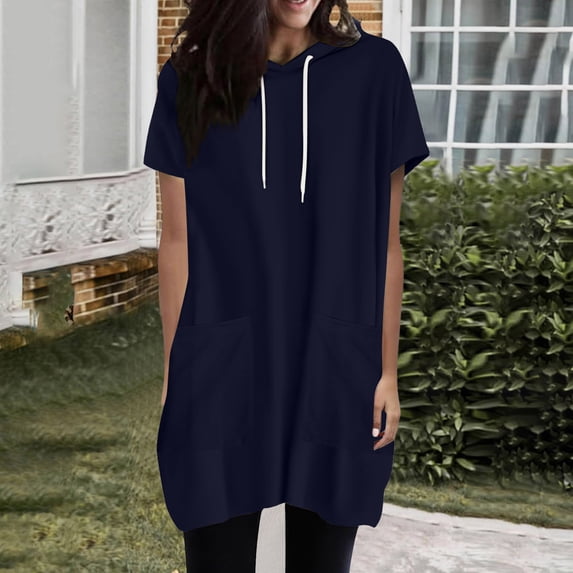 Sakmal Blue Womens Tops Hooded Short Sleeve Solid Loose Fit Knot Tunic Womens T-Shirts