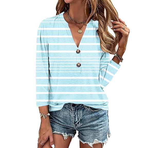 Sakmal Blue Womens Tops Summer V-Neck 3/4 Sleeve Striped Plain Button Womens T-Shirts