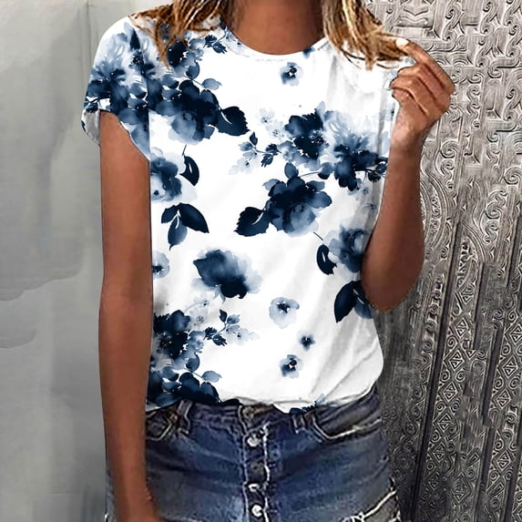 Sakmal Blue Womens Tops Plus Size Short Sleeve Crew Neck Floral T-Shirts Ladies Shirts