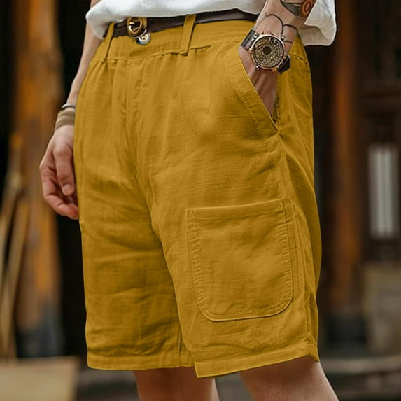 Sakmal Board Mens Shorts Bermuda Cotton Linen Casual Yellow Solid 7 Inch Streetwear Shorts for Men 3XL