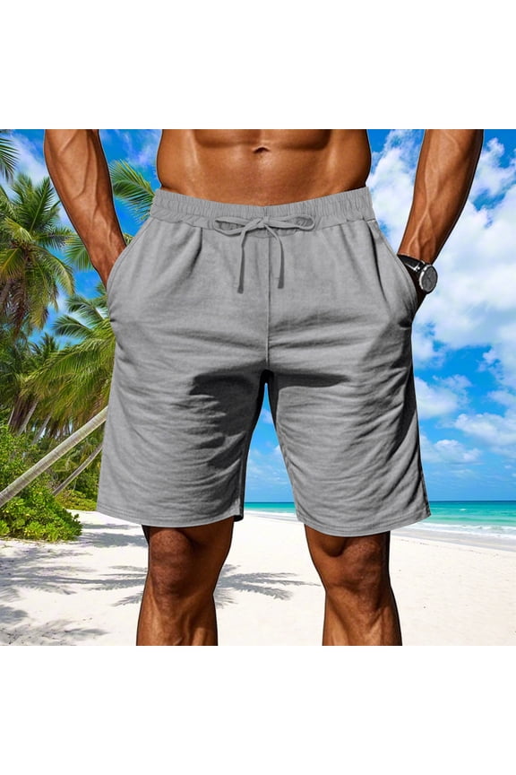Board Shorts for Men Cotton Linen Bermuda Knee Length Casual Summer Gray Solid 9 Inch Shorts for Men M