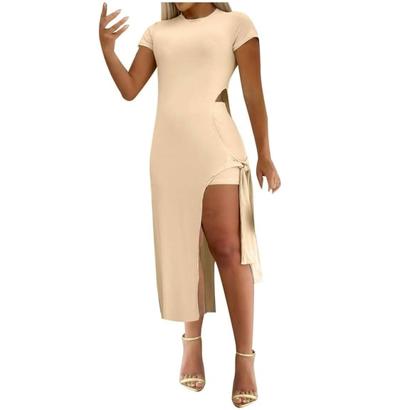 Sakmal Bodycon Casual Dresses for Women Solid Sexy Opening Yellow Comfort Fit Short Sleeve Long Sheath Dress