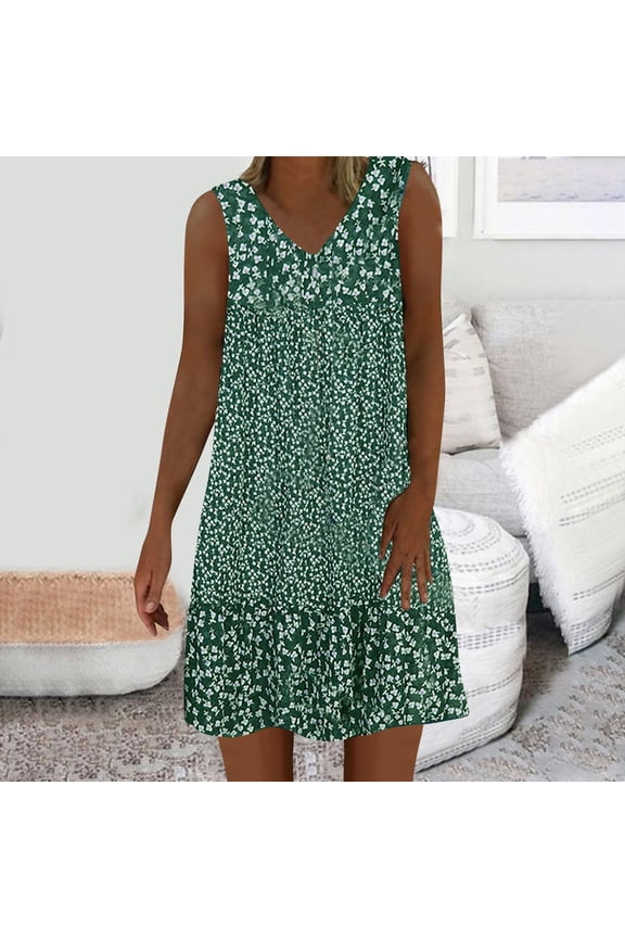 Boho Dresses for Women 2024 Floral Loose Fit Sleeveless Comfort Fit Green Mid-Length Shift Dress