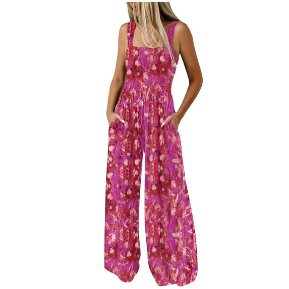 Sakmal Boho One Piece Jumpsuits for Women Flowy Sleeveless Pink Dressy Overalls Long Square Neck Wide Leg Floral Pants with Pockets