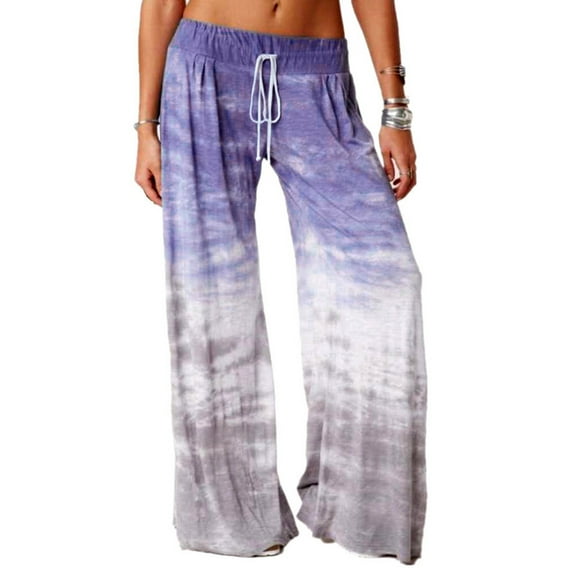 Sakmal Boho Pants Women Wide Leg Flowy Palazzo Drawstring Low Rise Gradient Purple Full Length Pants with Pockets