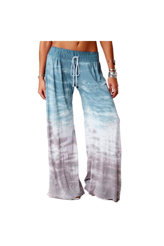 Boho Pants for Women Drawstring Palazzo Wide Leg Flowy Gradient Blue Full Length Low Rise Pants with Pockets