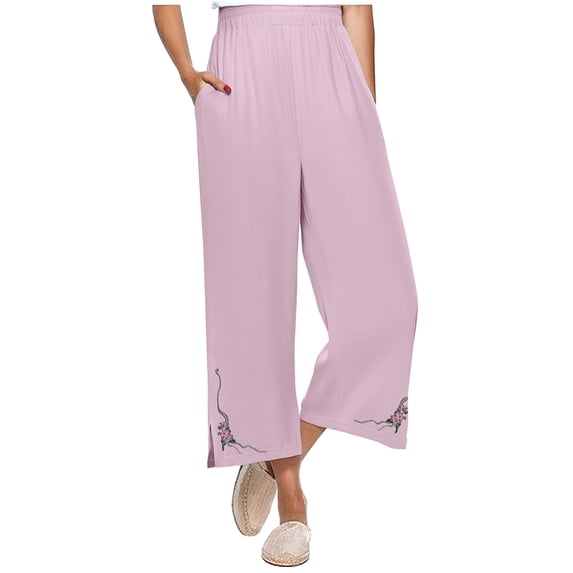 Sakmal Boho Women's Capri Palazzo Pants Wide Leg High Waisted Cotton Linen Pants Trendy Floral Summer Capris for Women 2XL