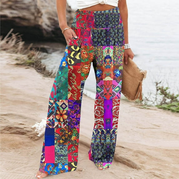 Sakmal Boho Womens Pants Wide Leg High Waisted Linen Palazzo Patchwork Pants with Pockets
