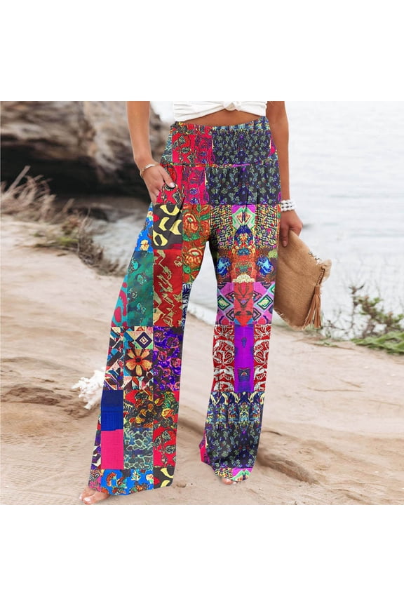 Boho Womens Pants Wide Leg High Waisted Linen Palazzo Patchwork Pants with Pockets