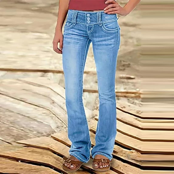Sakmal Bootcut Pants Women Denim Plus Size Girlfriend Jean Solid Mid Rise Blue Long Pants with Pockets