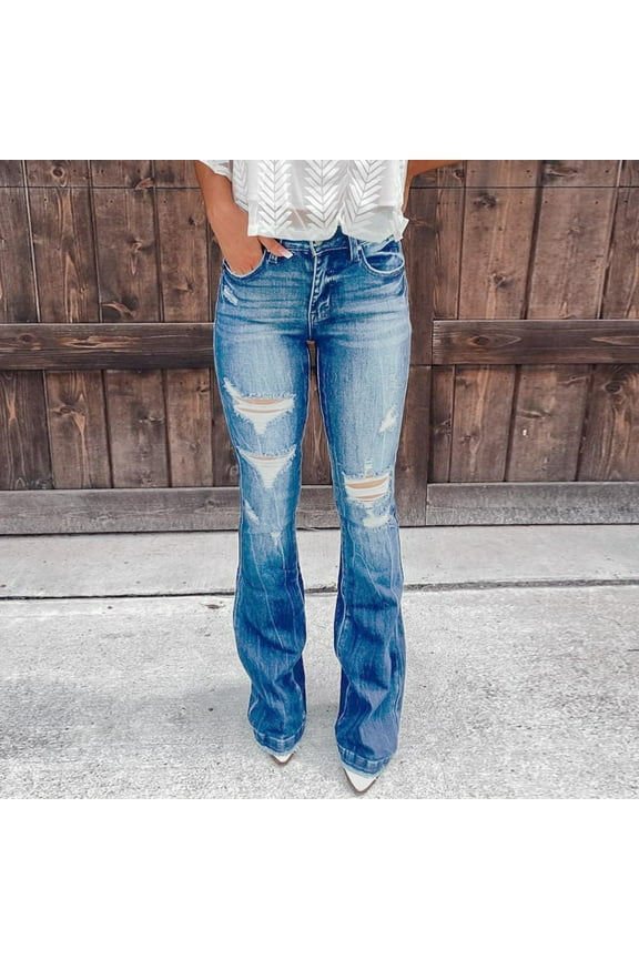 Bootcut Pants Women Girlfriend Denim Ripped Jean Dark Wash Full Length High Waisted Blue Pants with Pockets