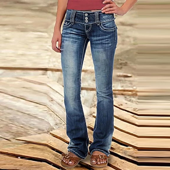 Sakmal Bootcut Pants for Women Girlfriend Plus Size Denim Jean Mid Rise Blue Long Solid Pants with Pockets
