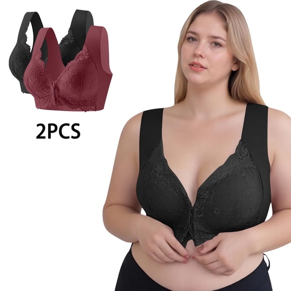 Sakmal Bralette Women's Bras Minimizer Lace No Underwire Front Closure Red 2-Pack Lightly Lined Ladies Bras 3X