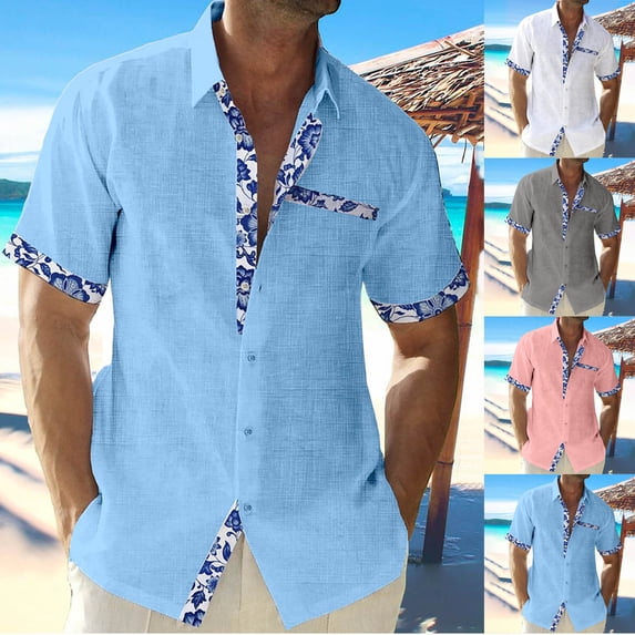 Sakmal Breathable Button Down Shirts Men Short Sleeve Linen Tshirts Blue Solid Mens Shirts L