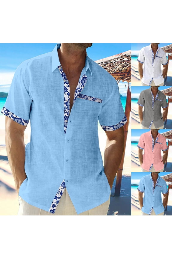 Breathable Button Down Shirts Men Short Sleeve Linen Tshirts Blue Solid Mens Shirts L