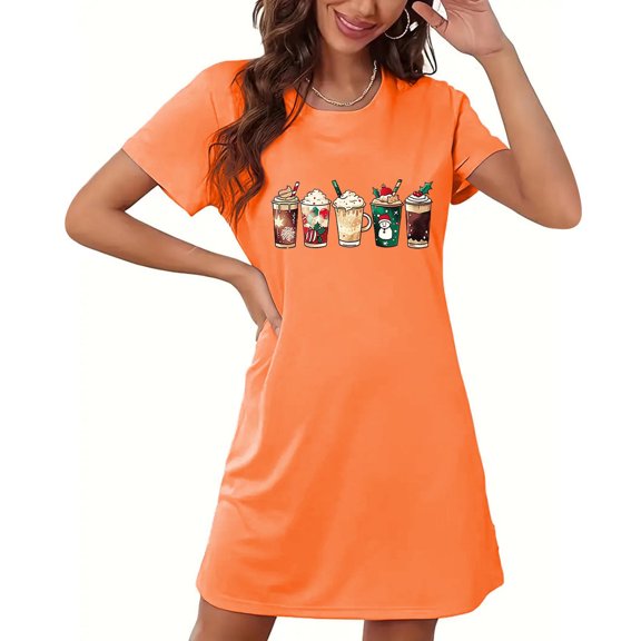 Sakmal Breathable Moomoo Womens Nightgown Christmas Loose Orange Lightweight Pajama Dress Graphic Crew Neck Short Short Sleeve Nightgowns S-2XL