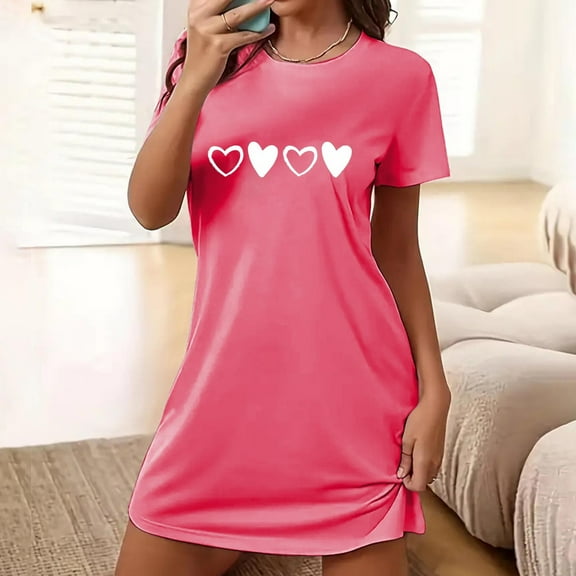 Sakmal Breathable Nightgowns Women Cloud-Like Pink Oversized Sleepshirt Crew Neck Heart Print Short Short Sleeve Nightgowns S-2XL