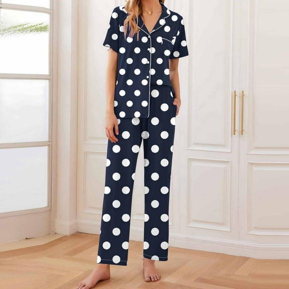 Sakmal Bridal Pajama Set Womens Soft Polka Dot Pants and Shirt Blue Sleepwear Set Short Sleeve Collared Pajamas for Women