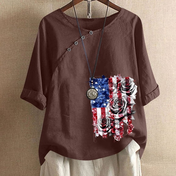 Sakmal Brown Casual Tops for Women Short Sleeve V-Neck Independence Day Cotton and Linen Graphic T-Shirts Ladies Shirts $5