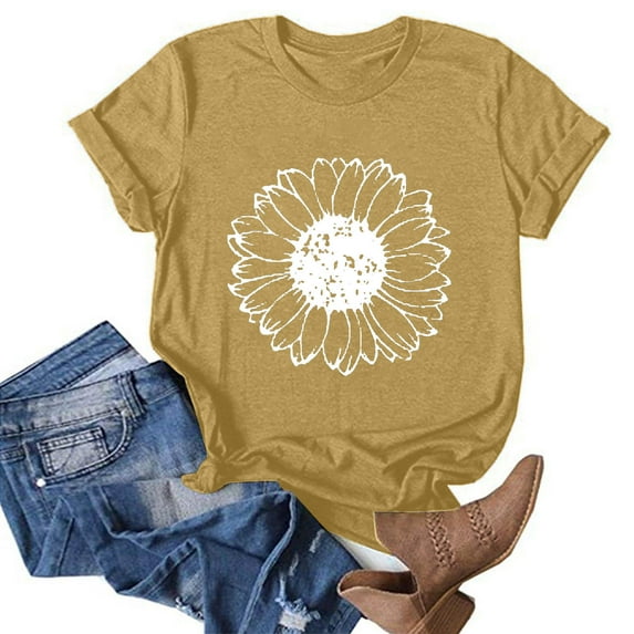 Sakmal Brown Month Top Deal Short Sleeve Crew Neck Floral T-Shirts Ladies Shirts