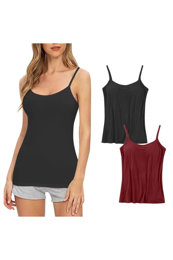 Built in Bra Tank Tops for Women Black Comfortable Padded No Underwire Molded Cup Womens Bras S,2-Pack