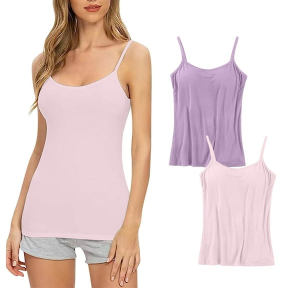 Sakmal Built in Bra Tank Tops for Women Padded Pink Balconette Seamless Soft Cup T-Shirt Bras for Ladie L,2-Pack