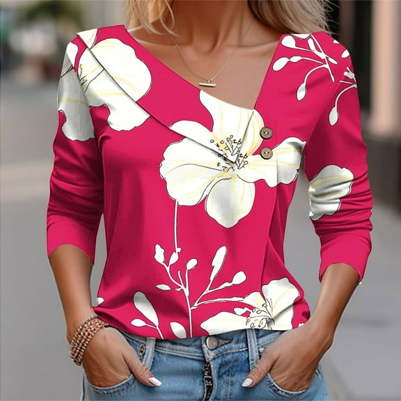 Sakmal Business Casual Shirts for Women Button Down Pink Shirts Collared Long Sleeve Floral Tops for Women