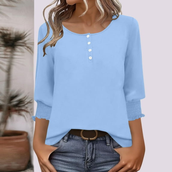 Sakmal Business Casual Tops Women Royal Blue Button Down Tops 3/4 Sleeve Plain Henley Shirts for Women