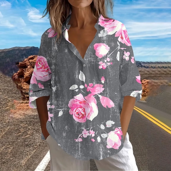 Sakmal Business Casual Women's Tops Gray Plus Size Button Down Tops Floral Long Sleeve V Neck Blouses for Women