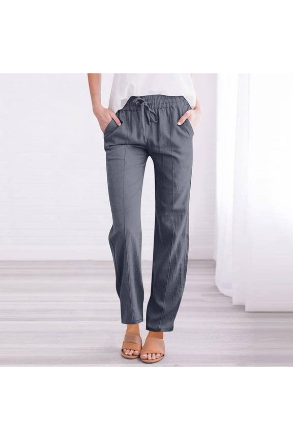 Business Casual Womens Pants Work Pleated Cotton Linen Straight Leg Gray High Waisted Solid Full Length Pants