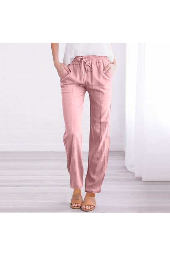 Business Casual Womens Pants Work Straight Leg Pleated Cotton Linen Pink Full Length Solid High Waisted Pants