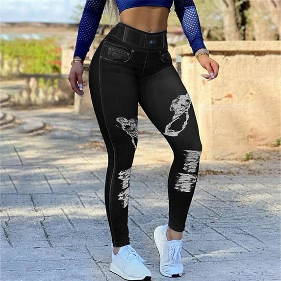 Sakmal Butt Lifting Womens Leggings Black High Waisted Ripped Plus Size Yoga Pants Workout Long Solid Jegging